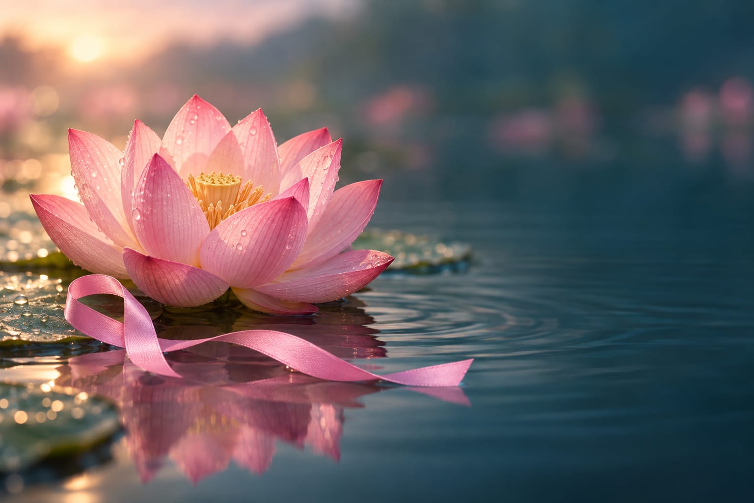 Pembe bir lotus çiçeği ve suyun üzerinde pembe farkındalık kurdelesi